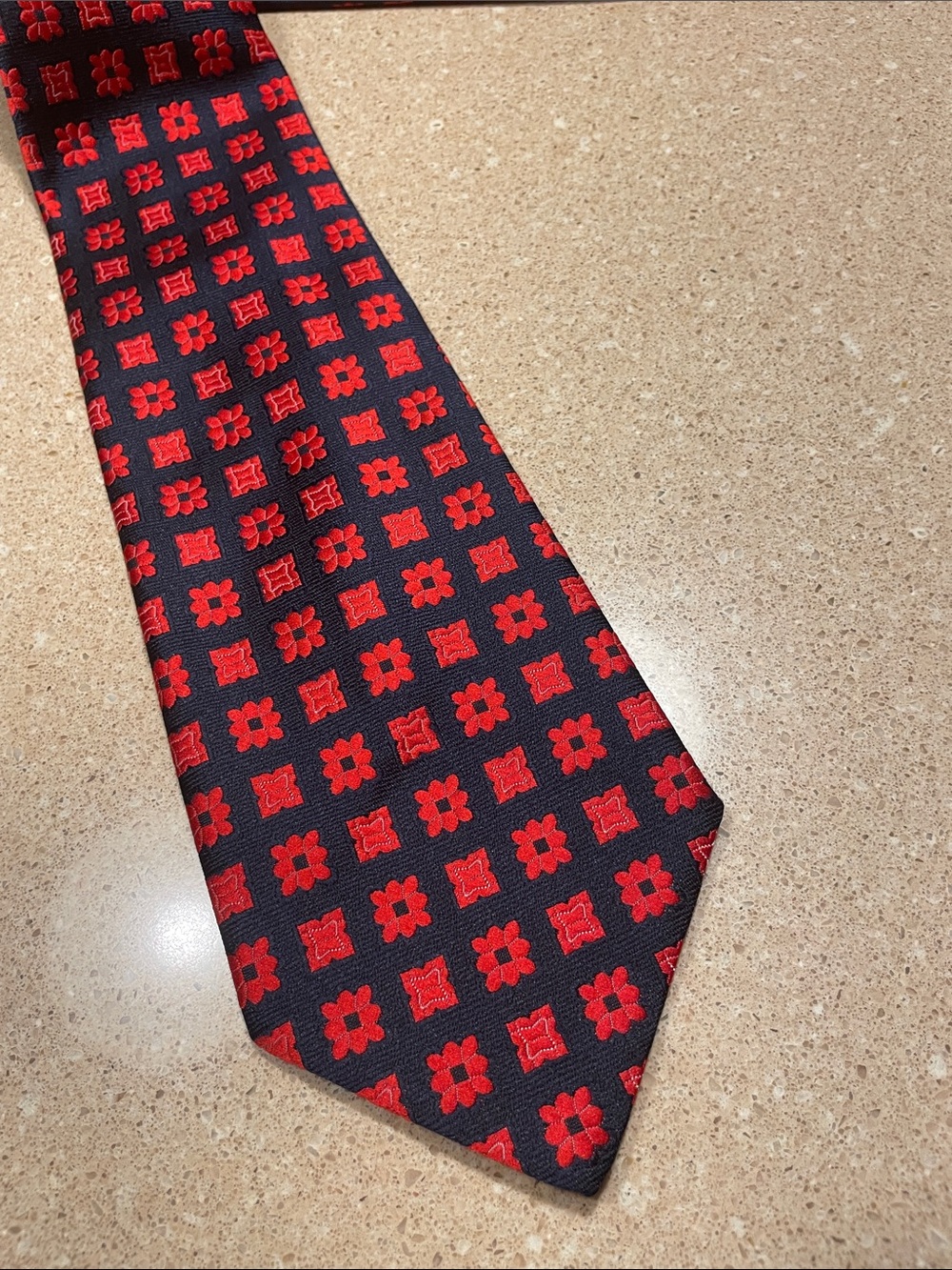 Longchamps Navy Tie with Red Floral-Geometric Pattern